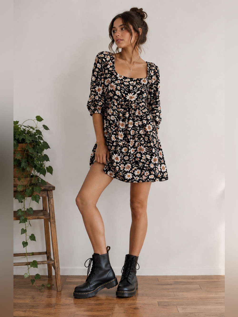 American Eagle Black Floral Square Neck Puff Sleeve Tie Back Mini Dress